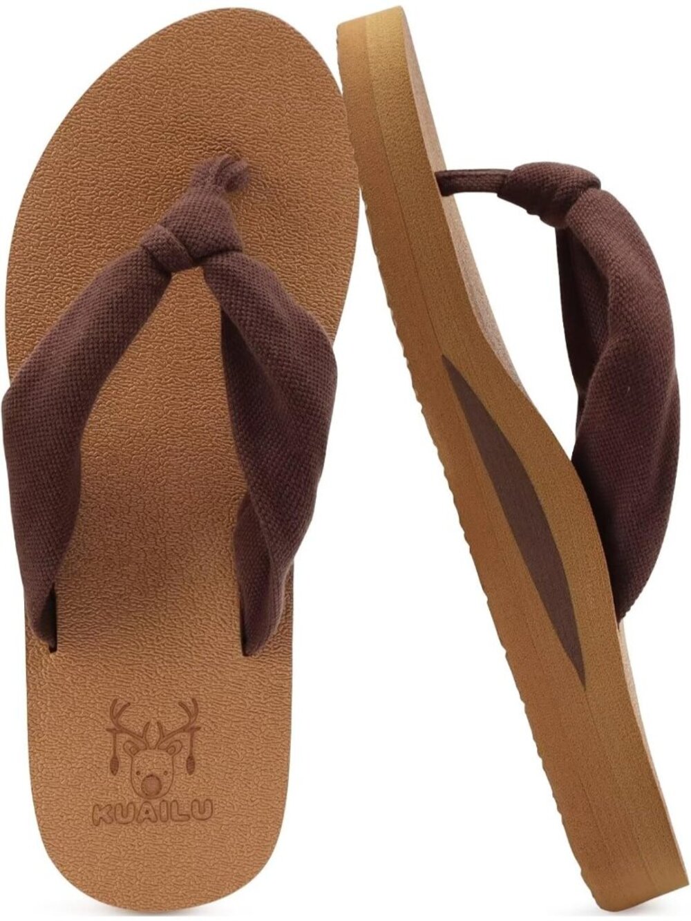 Women Brown Khaki Yoga Mat Arch Support Flip Flops Fabric Straps Knotted Sandal